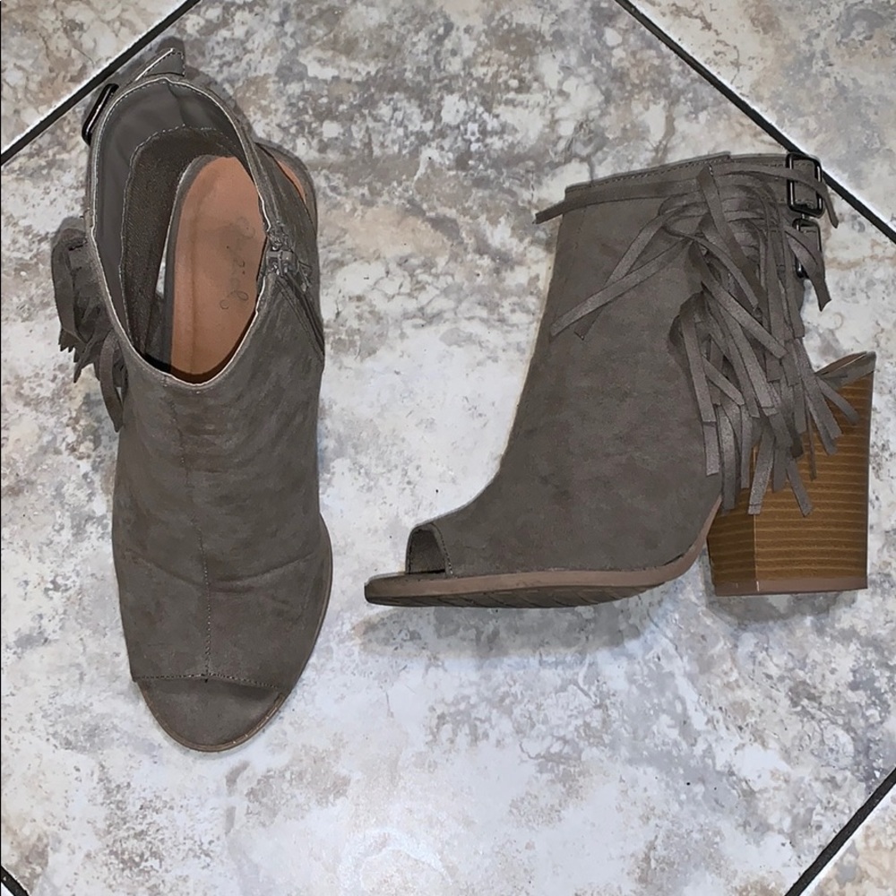 Gray Peep Toe Fringed Booties